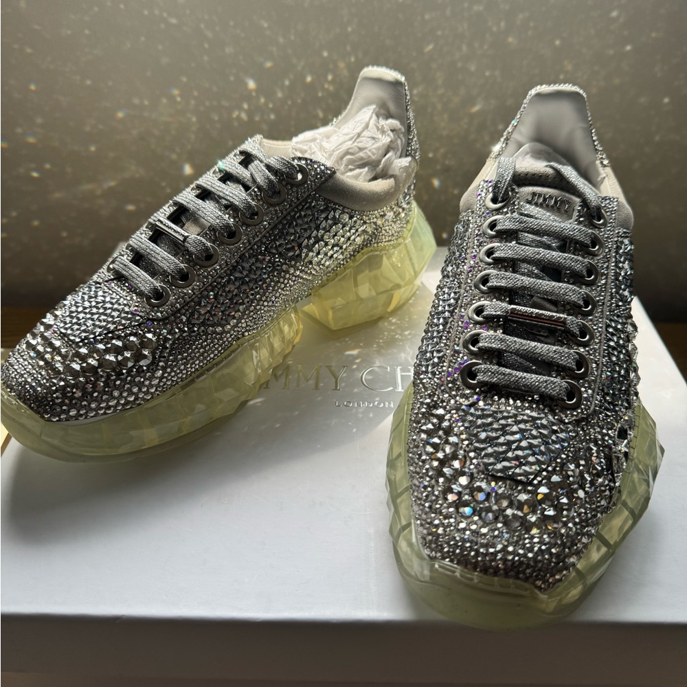 Jimmy Choo Silver and White Crystal Sneakers